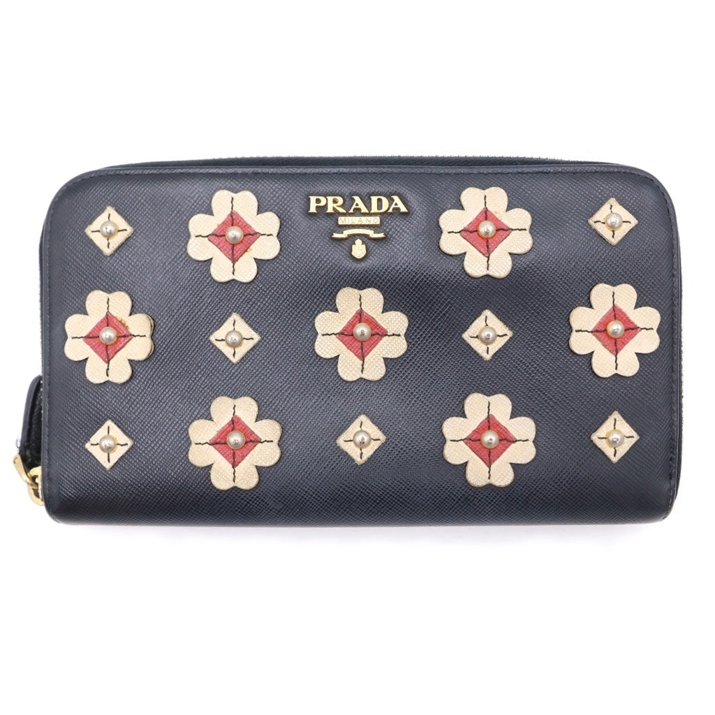 PRADA(プラダ) SAFFIANO FIORI サフィアーノ フィオーリ フラワースタッズデザイン レザー ラウンドジップウォレット 財布 ブラック レディース
