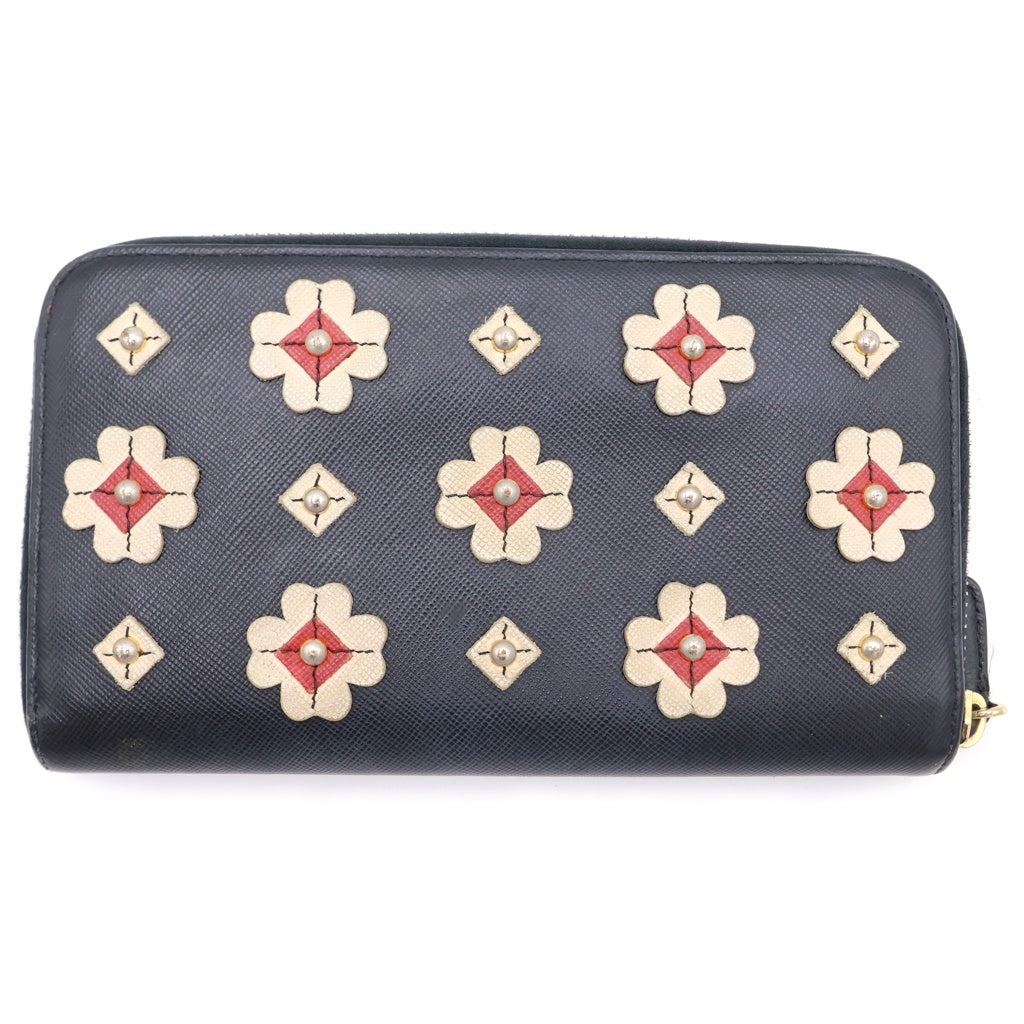 PRADA(プラダ) SAFFIANO FIORI サフィアーノ フィオーリ フラワースタッズデザイン レザー ラウンドジップウォレット 財布 ブラック レディース