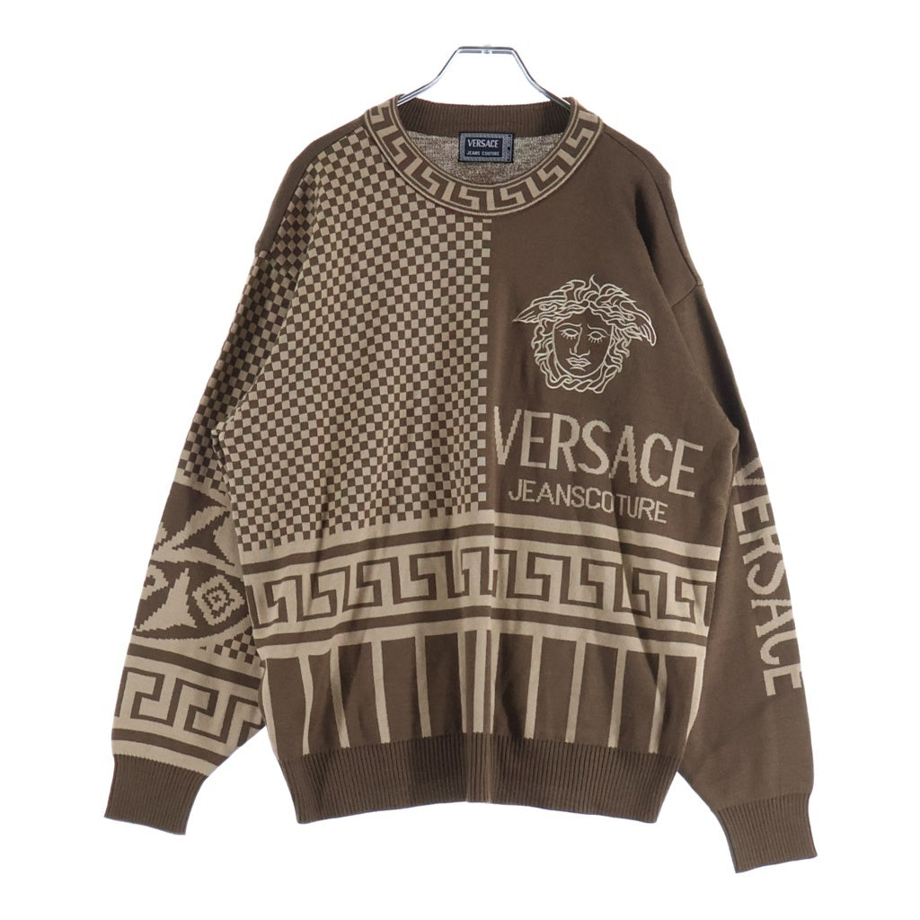 VERSACE JEANS COUTURE(ヴェルサーチジーンズクチュール) メデューサロゴエンブロイダリー グレカネック プルオーバーニットセーター ブラウン