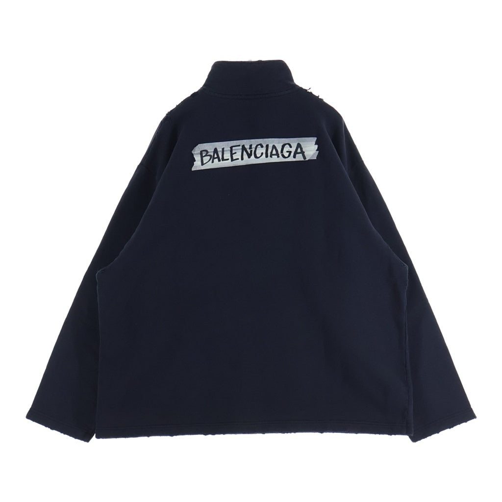 BALENCIAGA(バレンシアガ) 26SS DISTERESS ZIPPER SWEATSHIRT ダメージ加工 胸テープロゴ ハーフジップスウェットトレーナー ブラック 850438 TTVL7