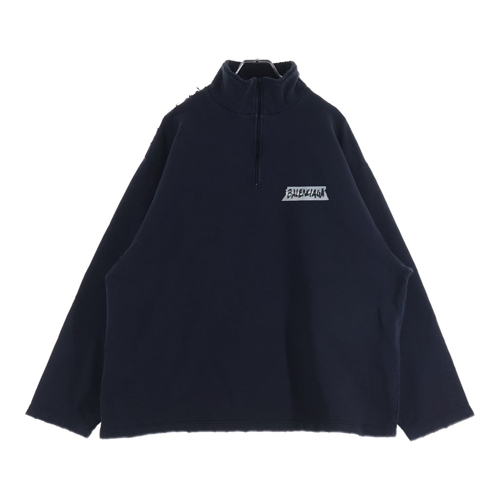 BALENCIAGA(バレンシアガ) 26SS DISTERESS ZIPPER SWEATSHIRT ダメージ加工 胸テープロゴ ハーフジップスウェットトレーナー ブラック 850438 TTVL7