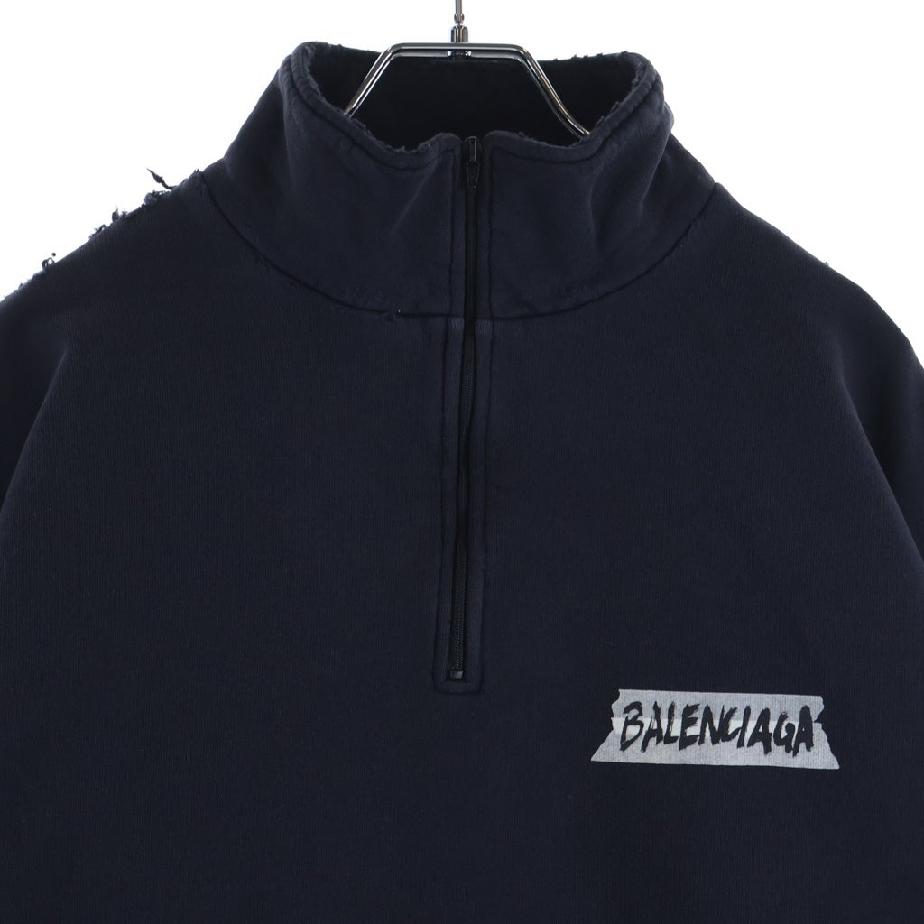 BALENCIAGA(バレンシアガ) 26SS DISTERESS ZIPPER SWEATSHIRT ダメージ加工 胸テープロゴ ハーフジップスウェットトレーナー ブラック 850438 TTVL7