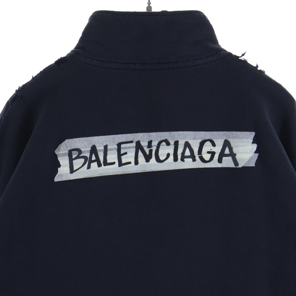 BALENCIAGA(バレンシアガ) 26SS DISTERESS ZIPPER SWEATSHIRT ダメージ加工 胸テープロゴ ハーフジップスウェットトレーナー ブラック 850438 TTVL7