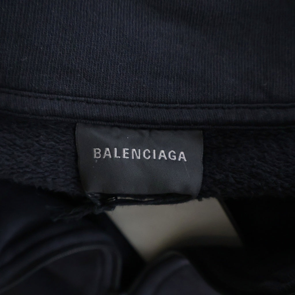 BALENCIAGA(バレンシアガ) 26SS DISTERESS ZIPPER SWEATSHIRT ダメージ加工 胸テープロゴ ハーフジップスウェットトレーナー ブラック 850438 TTVL7