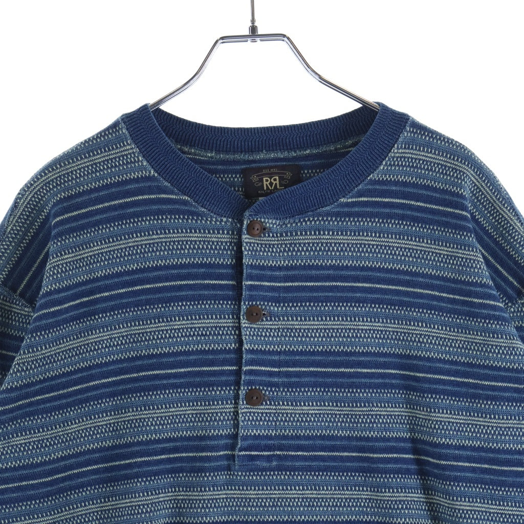 RRL(ダブルアールエル) STRIPED COTTON HENLEY SWEATER ヘンリーネック 長袖ボーダーニットセーター ブルー
