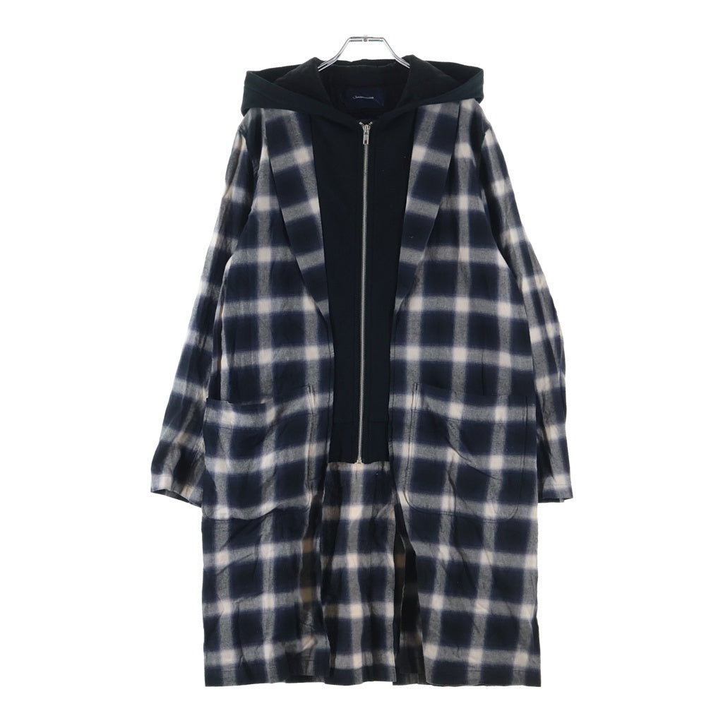 John UNDERCOVER(ジョン アンダーカバー) 17SS オンブレチェック フードドッキング ロングシャツコート ジャケット ネイビー/ブラック JUS4304