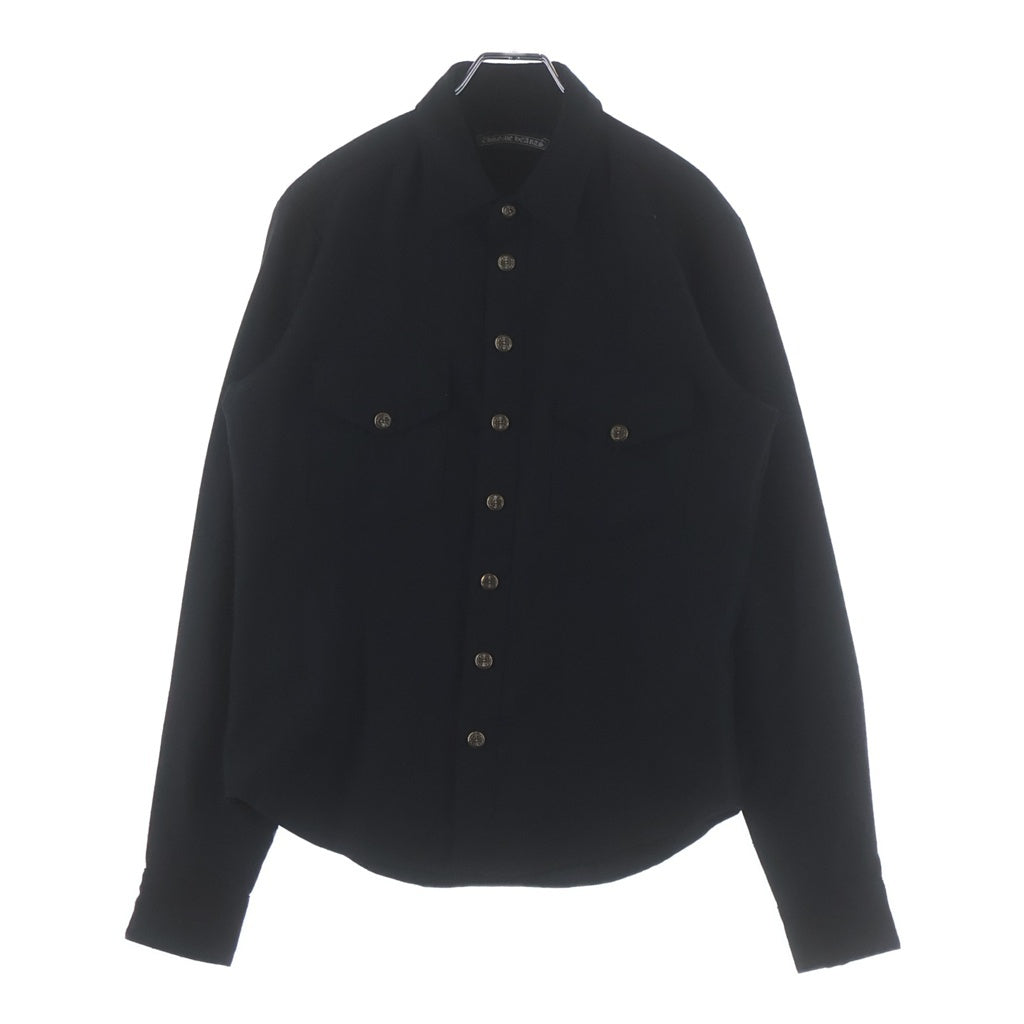 CHROME HEARTS(クロムハーツ) OLD DENIM WESTERN オールド フローラルボタン 袖裾レザークロスパッチ チェック柄 ウール ウエスタン長袖シャツ ブラック