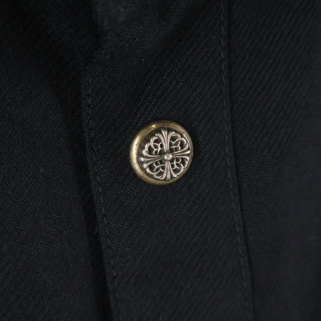 CHROME HEARTS(クロムハーツ) OLD DENIM WESTERN オールド フローラルボタン 袖裾レザークロスパッチ チェック柄 ウール ウエスタン長袖シャツ ブラック