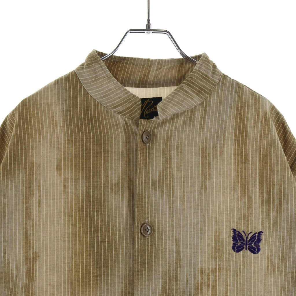 Needles(ニードルス) ×ts(S) STAND COLLAR SHIRT ティーエスエス スタンドカラー 胸パピヨン刺繍シャツ ストライプ柄カバーオール ベージュ
