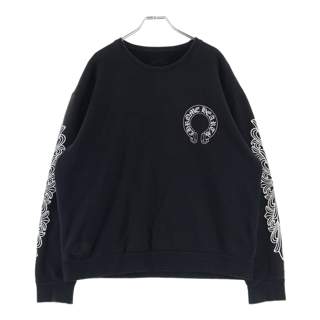 CHROME HEARTS(クロムハーツ) SWTSHRT PLVR HORSESHOE ARM FLORAL CROSS バックホースシュー 袖フローラルプリント スウェット トレーナー ブラック