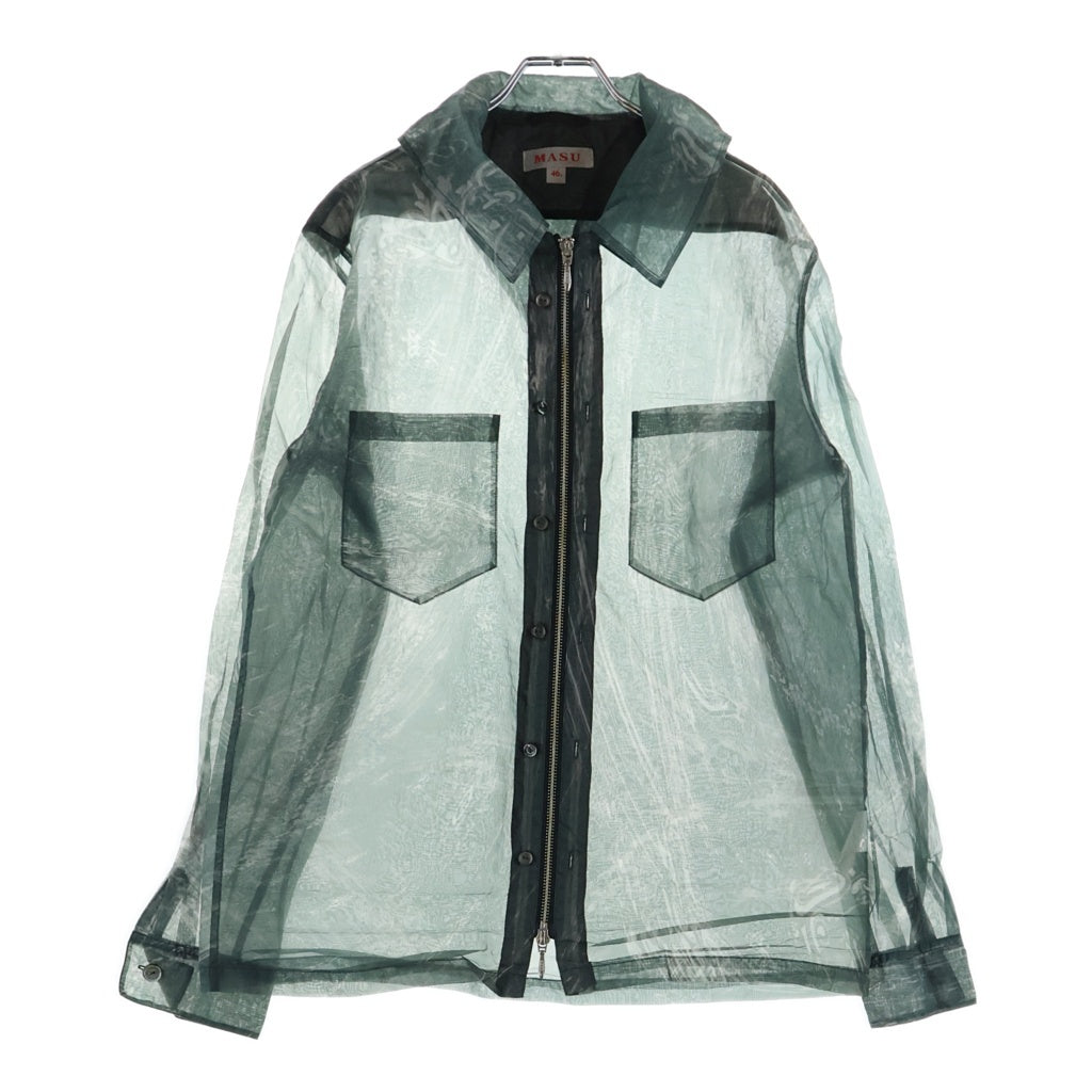 MASU(エムエーエスユー) 22SS ZIP-UP MARBLE BANDANA SHIRT ジップアップ マーブル バンダナ ナイロン長袖シャツ グリーン MVFW-SH0422