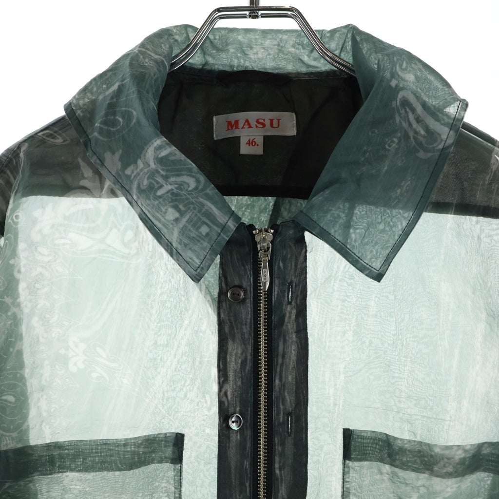 MASU(エムエーエスユー) 22SS ZIP-UP MARBLE BANDANA SHIRT ジップアップ マーブル バンダナ ナイロン長袖シャツ グリーン MVFW-SH0422