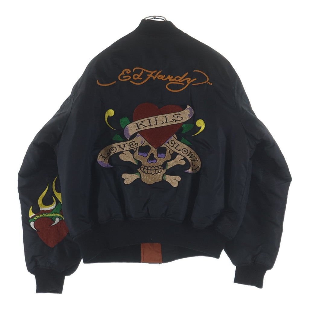 Ed Hardy(エドハーディー) マルチワッペン ドクロ刺繍デザイン ナイロン ボンバージャケット ブラック