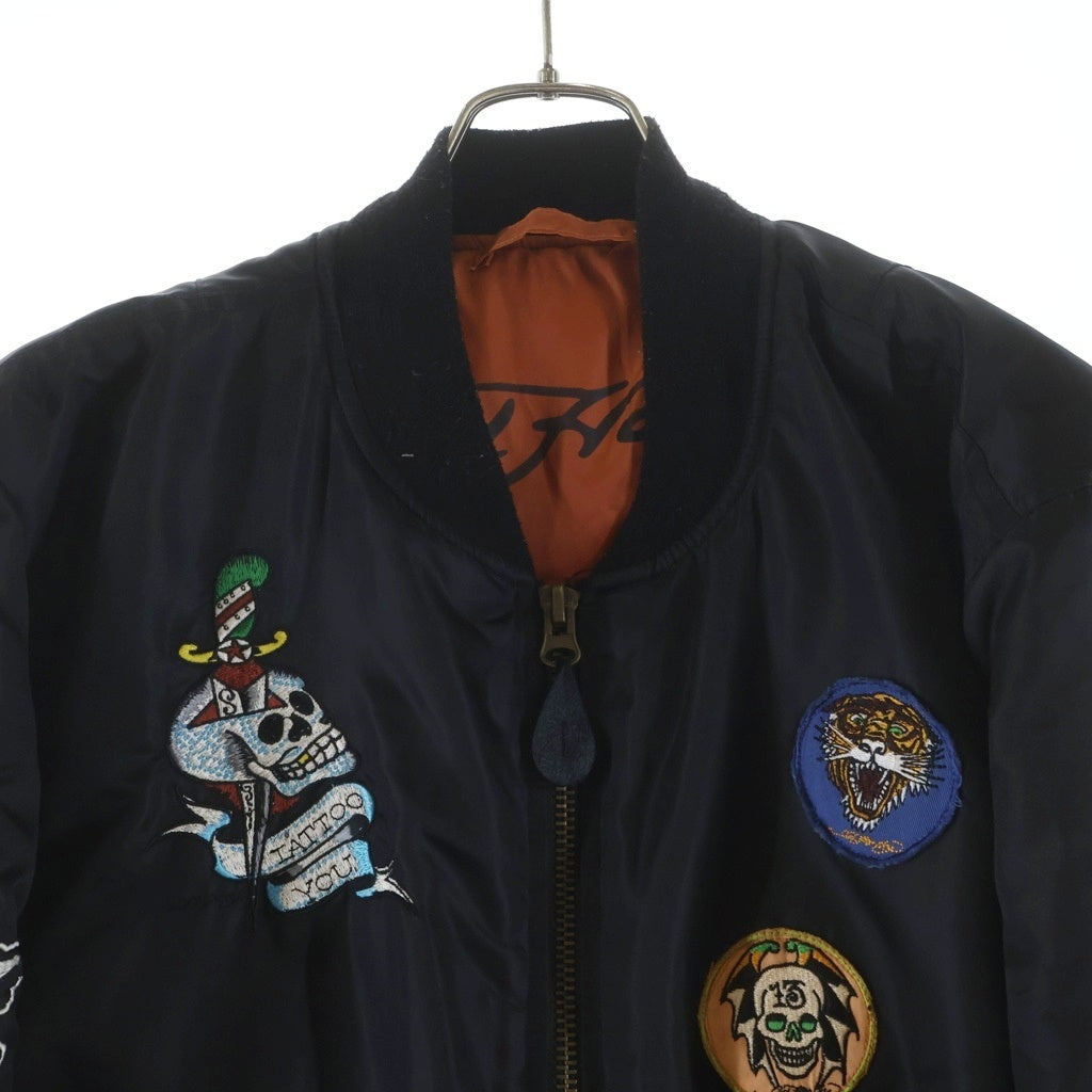 Ed Hardy(エドハーディー) マルチワッペン ドクロ刺繍デザイン ナイロン ボンバージャケット ブラック