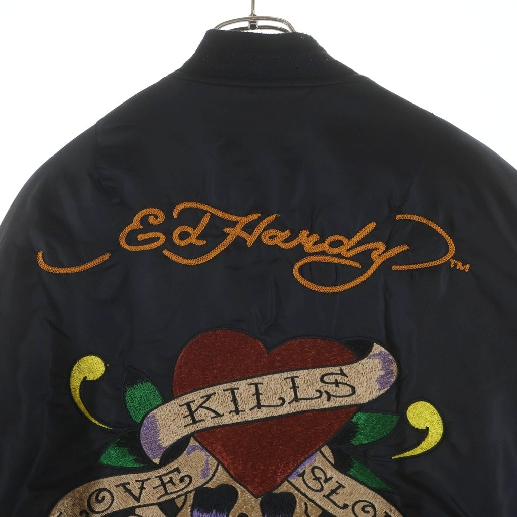 Ed Hardy(エドハーディー) マルチワッペン ドクロ刺繍デザイン ナイロン ボンバージャケット ブラック