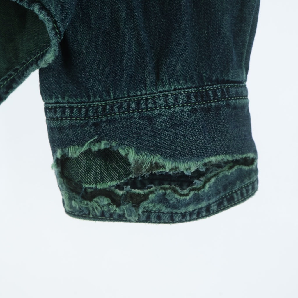 cvtvlist(カタリスト) DENIM DYED SHIRT ガーメントダイ ダメージ加工 長袖デニムシャツ グリーン 2201030202