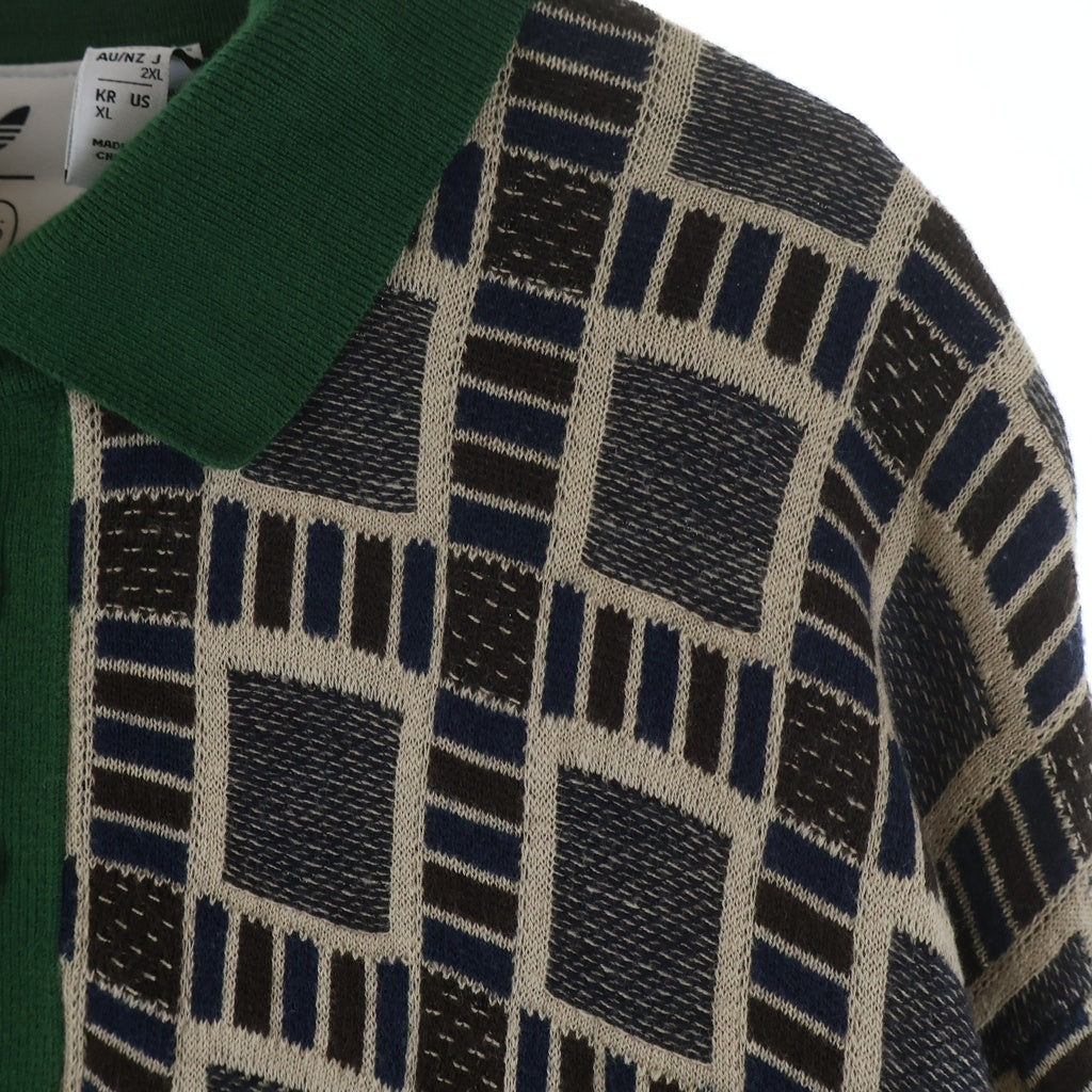 adidas(アディダス) 25SS ×BRAIN DEAD POLO SHIRTS DUSTSAND ブレインデッド ダストサンド 総柄 ロゴ刺繍 ニット半袖ポロシャツ ブラウン/グリーン JN7151