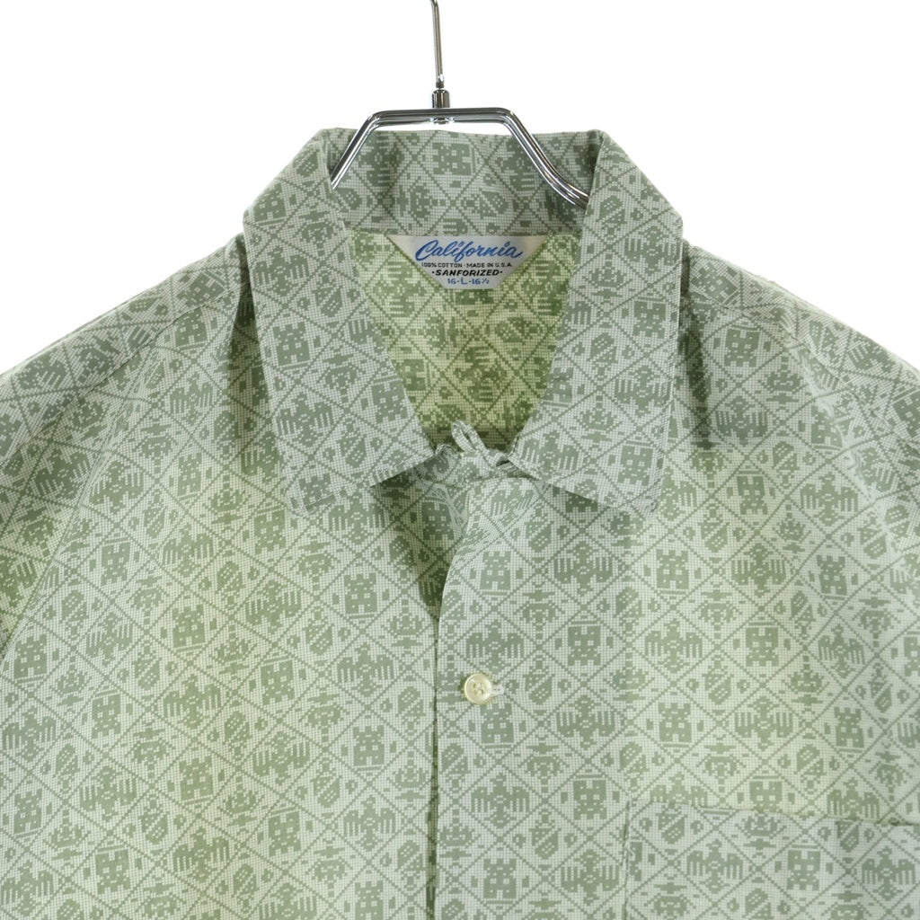 VINTAGE(ヴィンテージ) 50-60S VINTAGE DEADSTOCK CALIFOLNIA S/S OPEN COLLAR SHIRT ヴィンテージ 三角タグ USA製 総柄 半袖オープンカラー 開襟シャツ グリーン