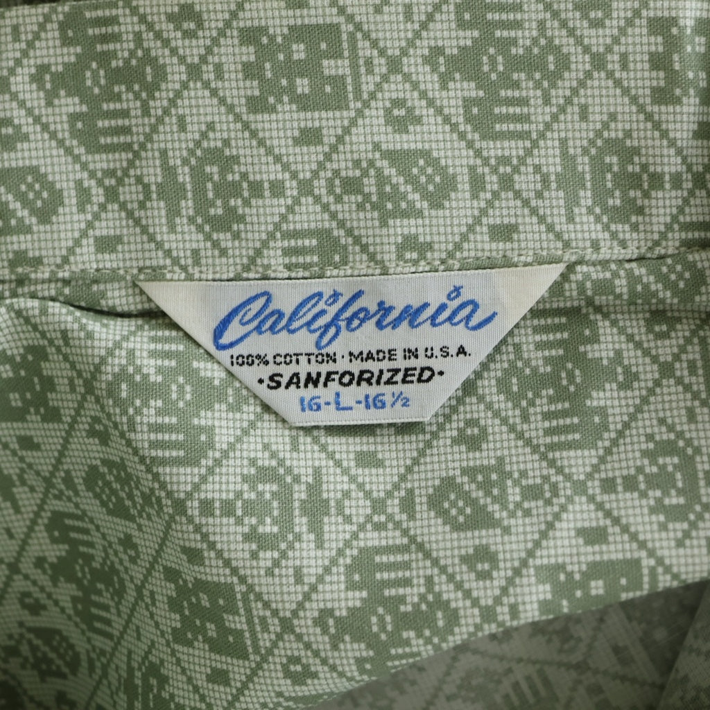 VINTAGE(ヴィンテージ) 50-60S VINTAGE DEADSTOCK CALIFOLNIA S/S OPEN COLLAR SHIRT ヴィンテージ 三角タグ USA製 総柄 半袖オープンカラー 開襟シャツ グリーン