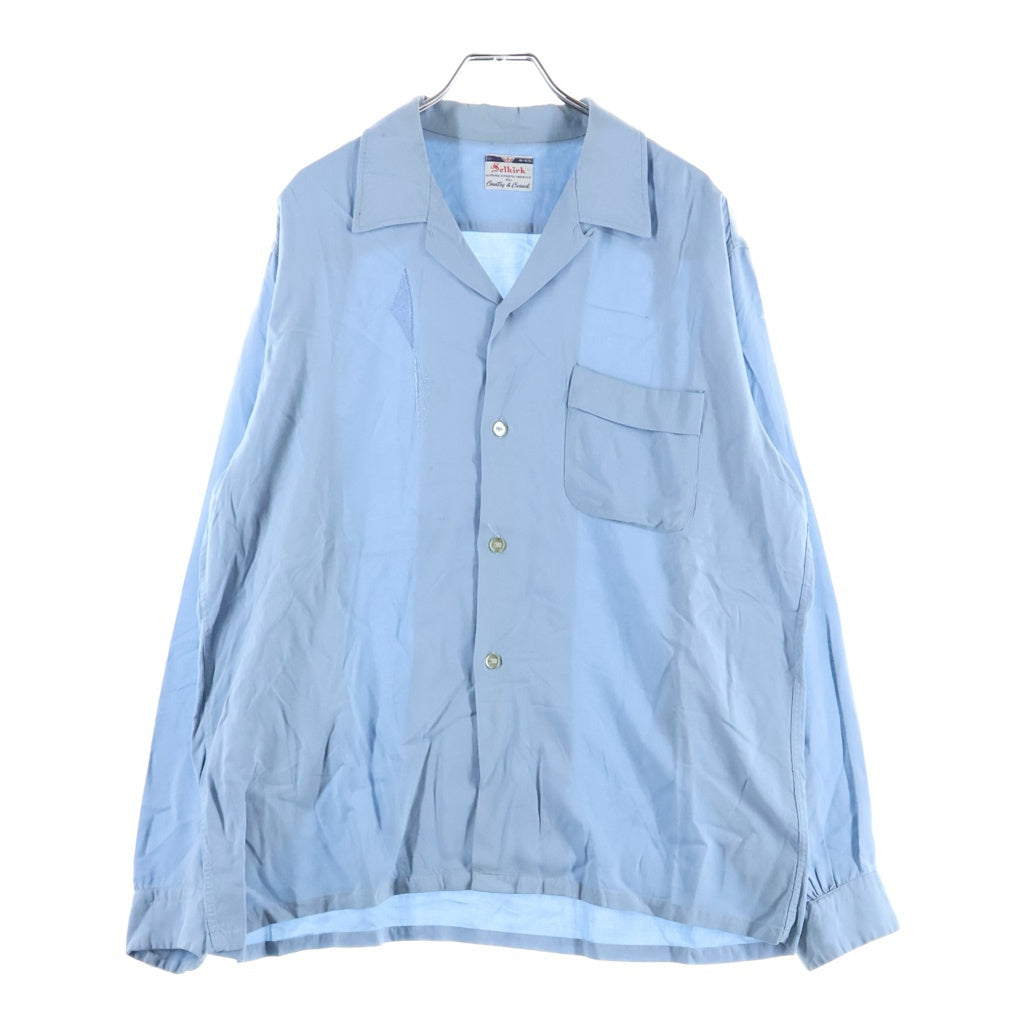 VINTAGE(ヴィンテージ) 60S SELKIRK RAYON GABARDINE L/S OPEN COLLAR SHIRT ヴィンテージ セルカーク レーヨンギャバジン フロント刺繍デザイン 長袖オープンカラー 開襟シャツ ブルー