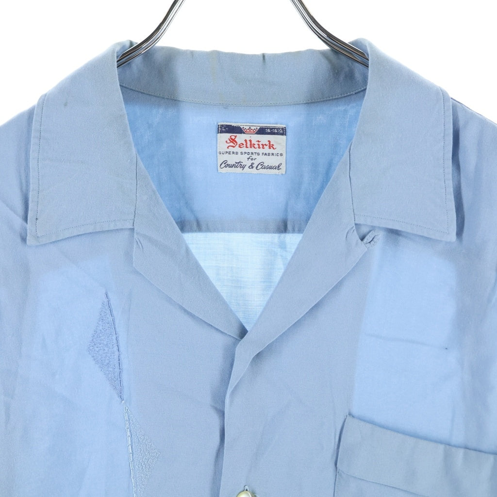 VINTAGE(ヴィンテージ) 60S SELKIRK RAYON GABARDINE L/S OPEN COLLAR SHIRT ヴィンテージ セルカーク レーヨンギャバジン フロント刺繍デザイン 長袖オープンカラー 開襟シャツ ブルー