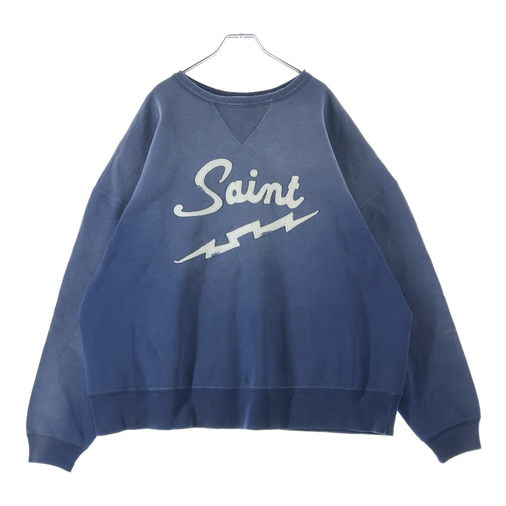 SAINT MICHAEL(セントマイケル) 25SS SAINT CRW-N SWEAT ヴィンテージ加工 フロントワッペンロゴ クルーネックスウェットトレーナー ブルー SM-HR8-0000-046