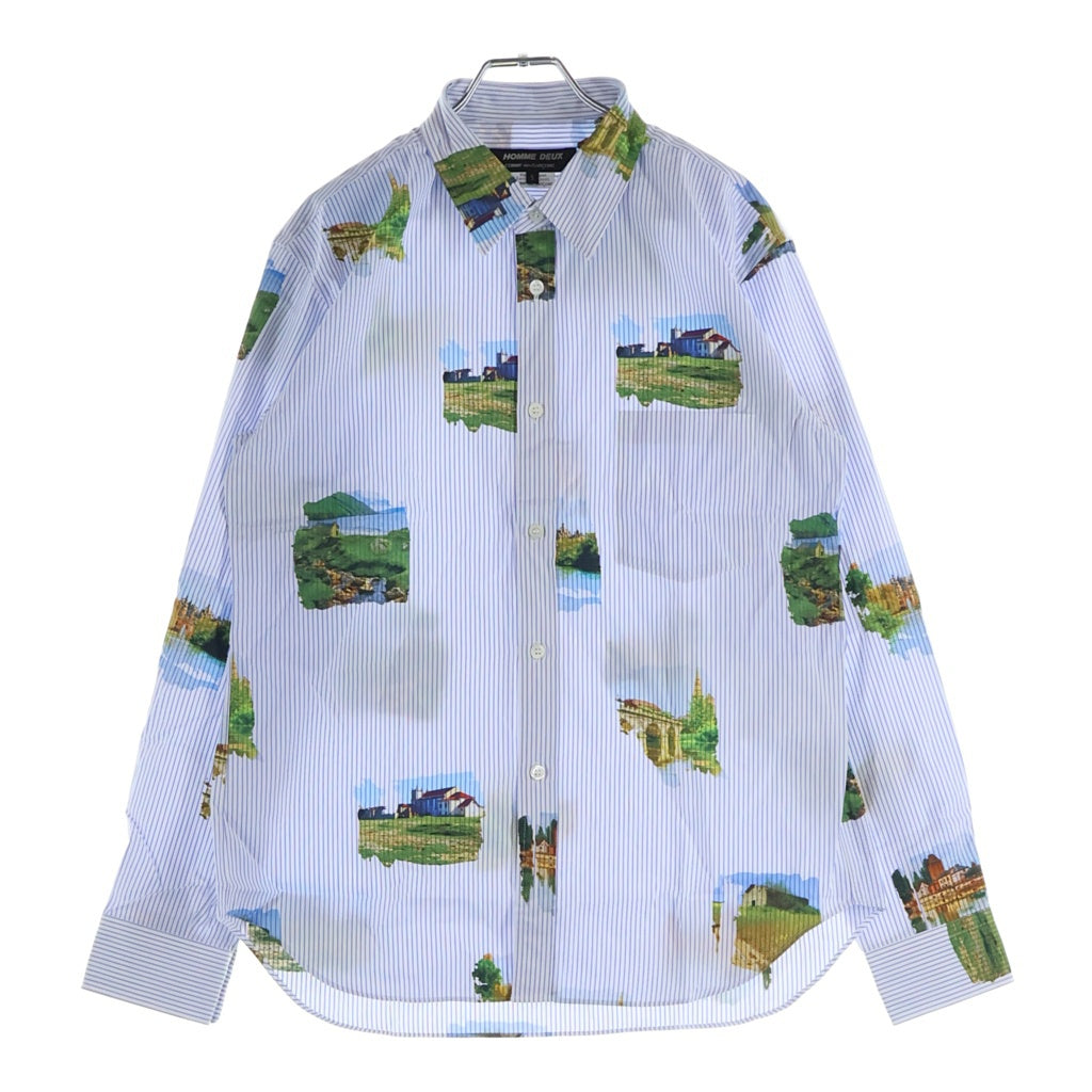 COMME des GARCONS HOMME DEUX(コムデギャルソン オムドゥ) 24SS AD2023 フォトプリント総柄 長袖コットンストライプシャツ ブルー/ホワイト DM-B037