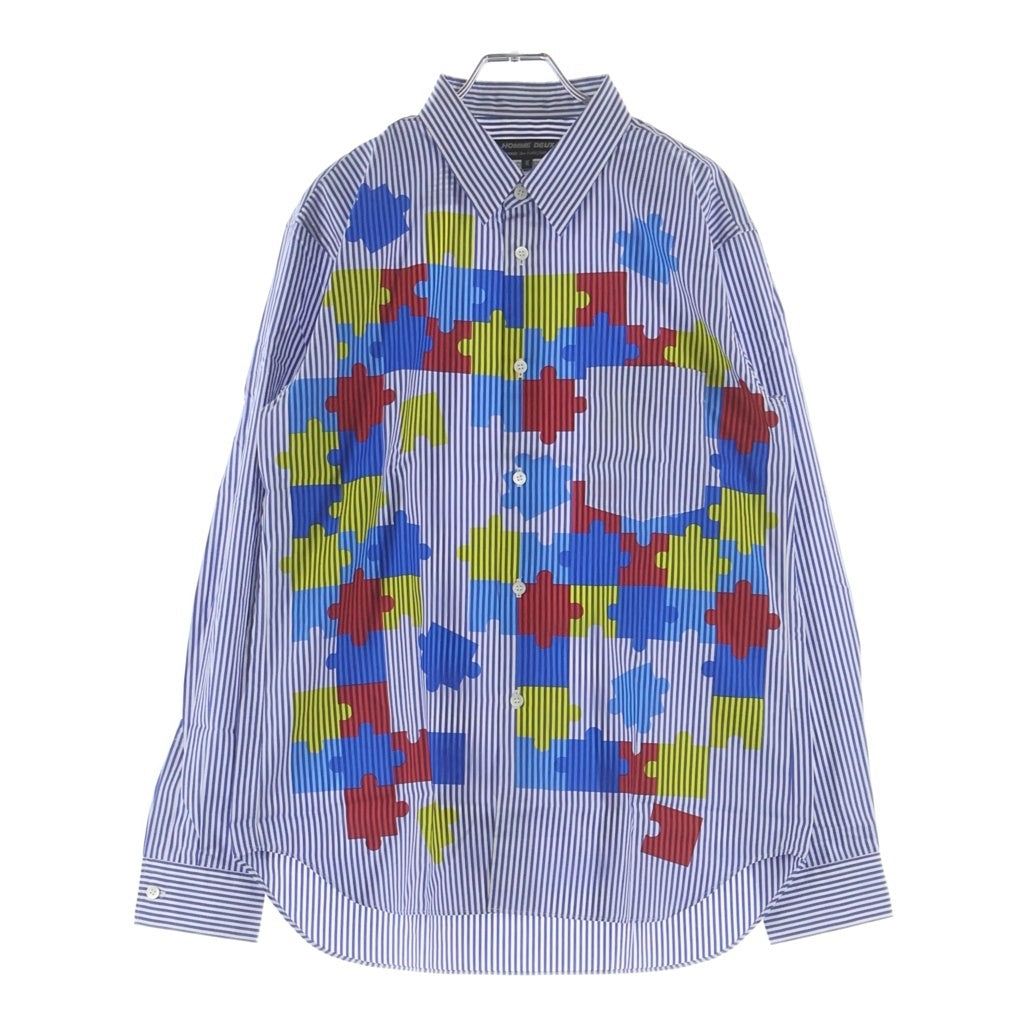 COMME des GARCONS HOMME DEUX(コムデギャルソン オムドゥ) 24SS AD2023 フロントパズルデザイン 長袖コットンストライプシャツ ブルー/ホワイト DM-B042