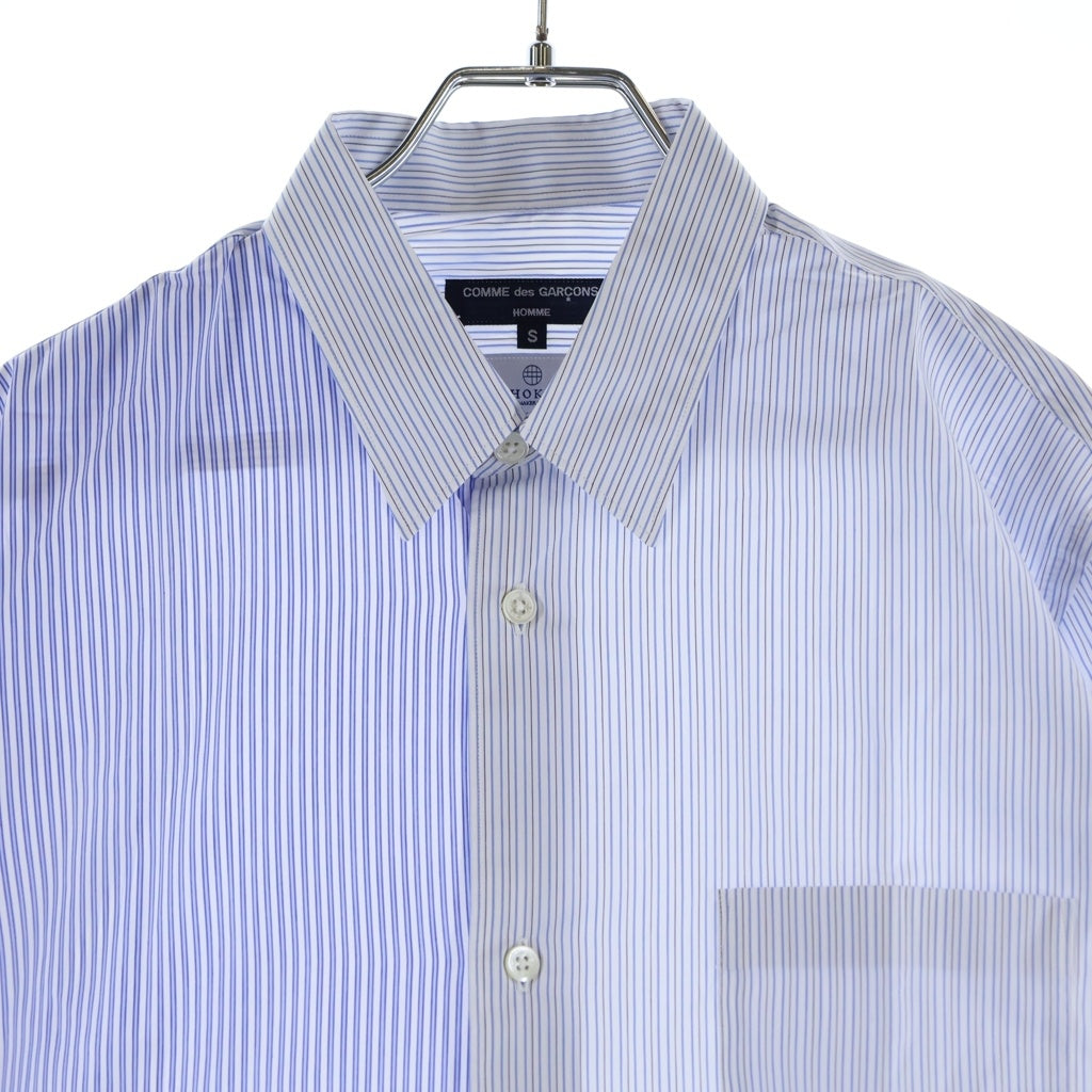 COMME des GARCONS HOMME(コムデギャルソンオム) 24SS AD2023 DOIHOKOSHO 土井縫工所 綿ストライプ切替 長袖ストライプシャツ ブルー/ホワイト HM-B007