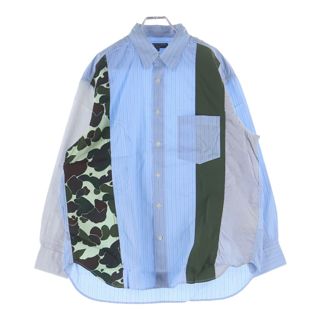 COMME des GARCONS HOMME(コムデギャルソンオム) 23SS AD2022 カモ柄ナイロン切替 長袖ストライプシャツ ブルー/カーキ HK-B004