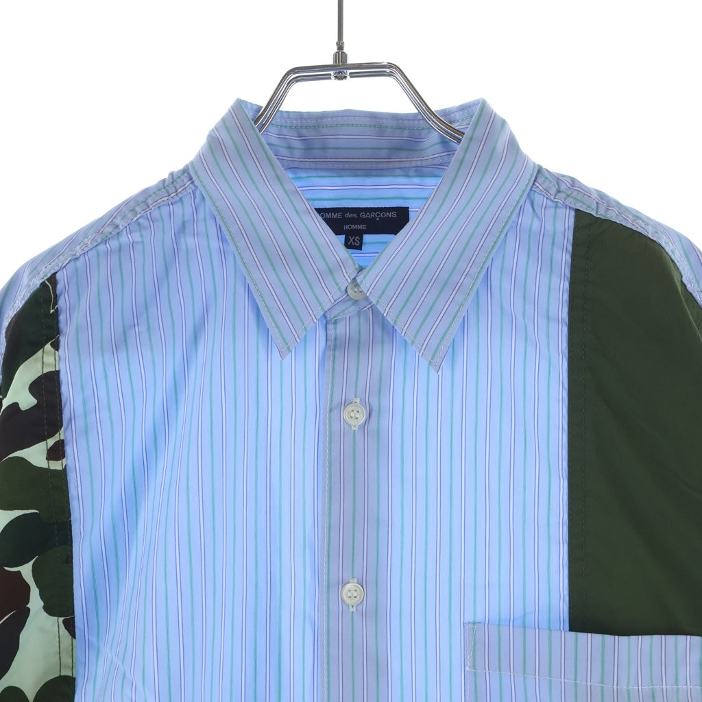COMME des GARCONS HOMME(コムデギャルソンオム) 23SS AD2022 カモ柄ナイロン切替 長袖ストライプシャツ ブルー/カーキ HK-B004