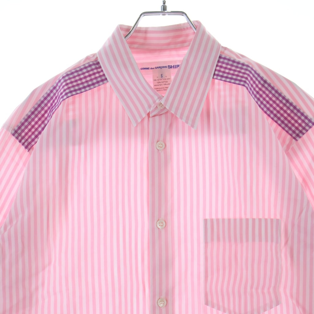 COMME des GARCONS SHIRT(コムデギャルソンシャツ) ストライプ ギンガムチェック切り替え ロングスリーブ コットンシャツ ピンク/ホワイト FO-B022