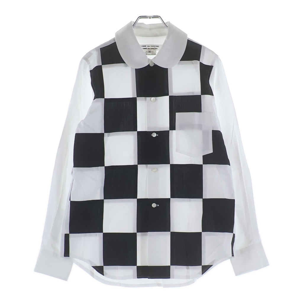 COMME des GARCONS COMME des GARCONS(コムデギャルソンコムデギャルソン) 25SS AD2024 フロントスクエアチェック柄 丸襟 長袖コットンシャツ ブラック/ホワイト RO-B007 レディース
