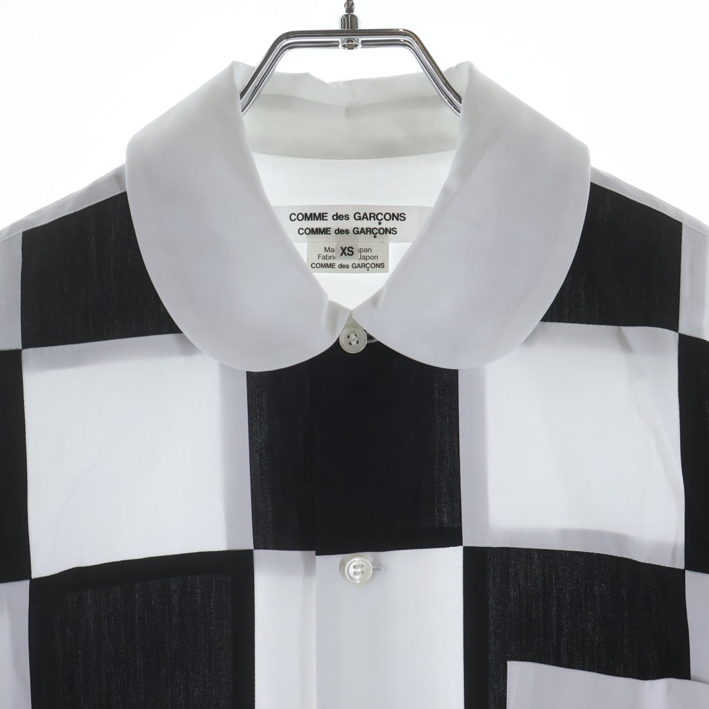 COMME des GARCONS COMME des GARCONS(コムデギャルソンコムデギャルソン) 25SS AD2024 フロントスクエアチェック柄 丸襟 長袖コットンシャツ ブラック/ホワイト RO-B007 レディース