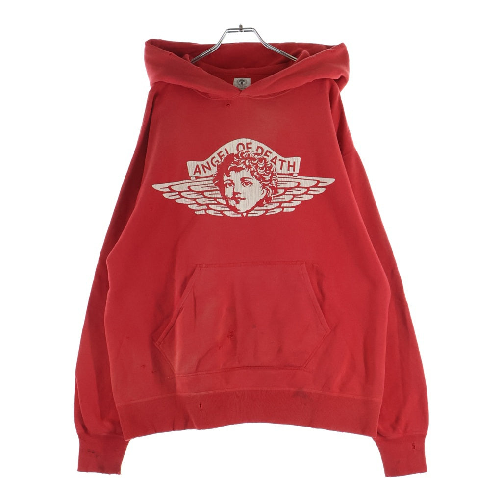 SAINT MICHAEL(セントマイケル) 22SS ANGEL HOODIE ヴィンテージ加工 エンジェルプリント プルオーバースウェットパーカー フーディー レッド SM-S22-0000-042