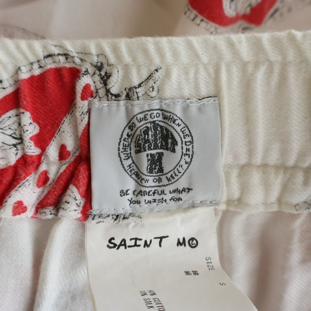 SAINT MICHAEL(セントマイケル) 21SS PJ PANTS_heart ハート総柄 シルク混 コットンパジャマパンツ ホワイト/レッド SM-S21-0000-032