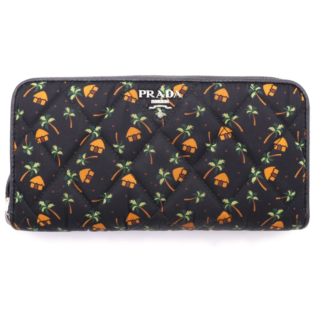 PRADA(プラダ) サフィアーノ 南国総柄 キルティング地 ラウンドジップ ロングウォレット 長財布 ブラック/オレンジ 1ML506 レディース