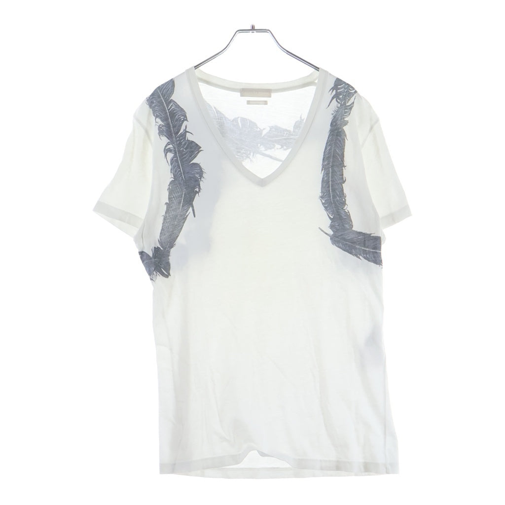Alexander McQueen(アレキサンダーマックイーン) イタリア製 バードフェザープリント Vネック 半袖Tシャツ カットソー ホワイト 354294 QEZ52
