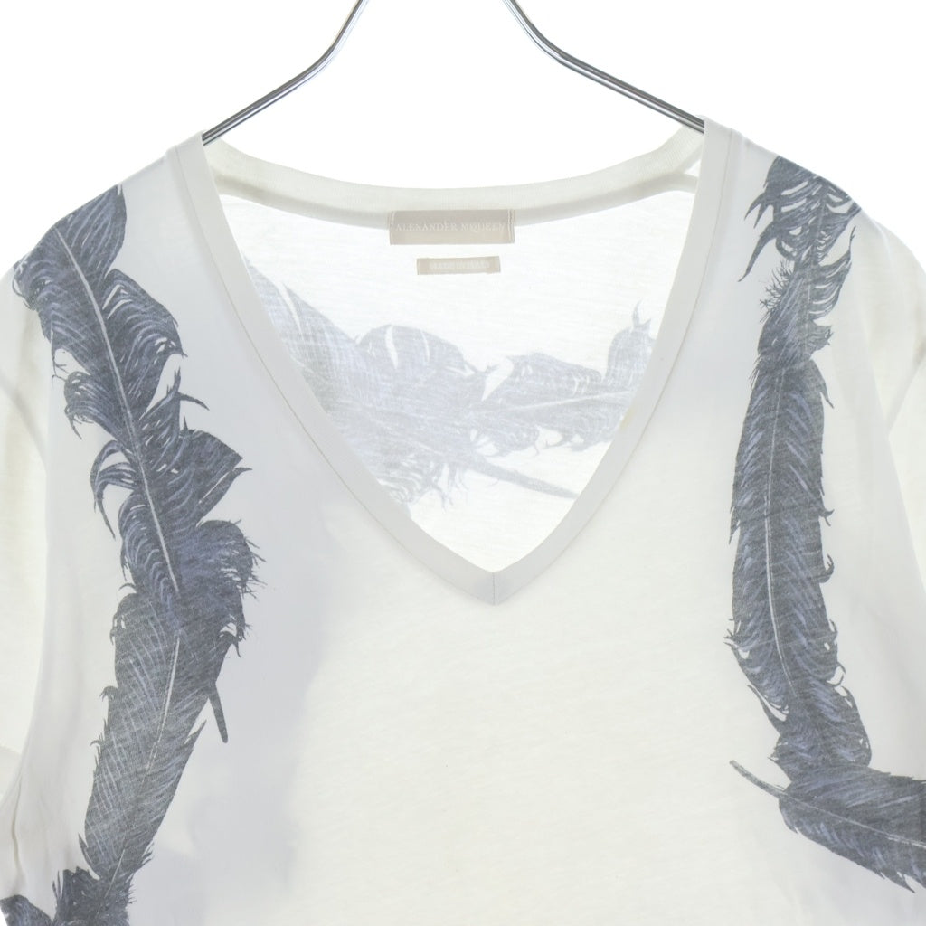 Alexander McQueen(アレキサンダーマックイーン) イタリア製 バードフェザープリント Vネック 半袖Tシャツ カットソー ホワイト 354294 QEZ52