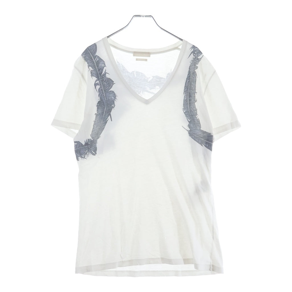 Alexander McQueen(アレキサンダーマックイーン) イタリア製 バードフェザープリント Vネック 半袖Tシャツ カットソー ホワイト 354294 QEZ52