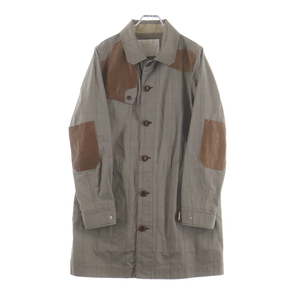 White Mountaineering(ホワイトマウンテニアリング) 12SS レザーパーツ切替デザイン グレンチェック ステンカラーコート ブラウン WM1271213
