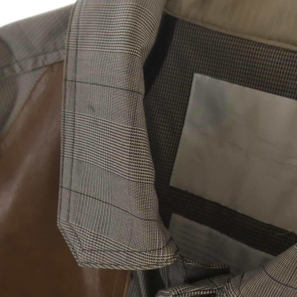 White Mountaineering(ホワイトマウンテニアリング) 12SS レザーパーツ切替デザイン グレンチェック ステンカラーコート ブラウン WM1271213