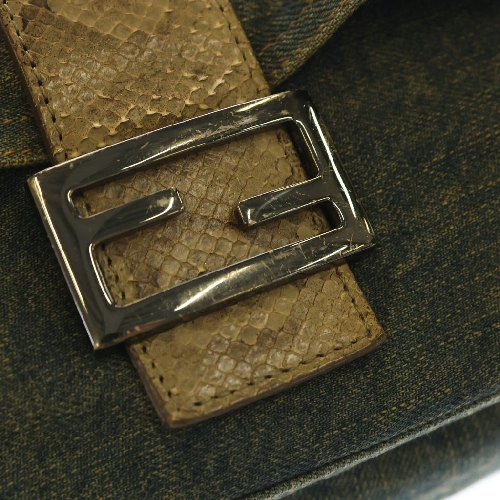FENDI(フェンディ) ズッキーノ マンマバケット デニム クロコレザー シルバーFF金具 ワンショルダーバッグ インディゴ 8BR001 レディース