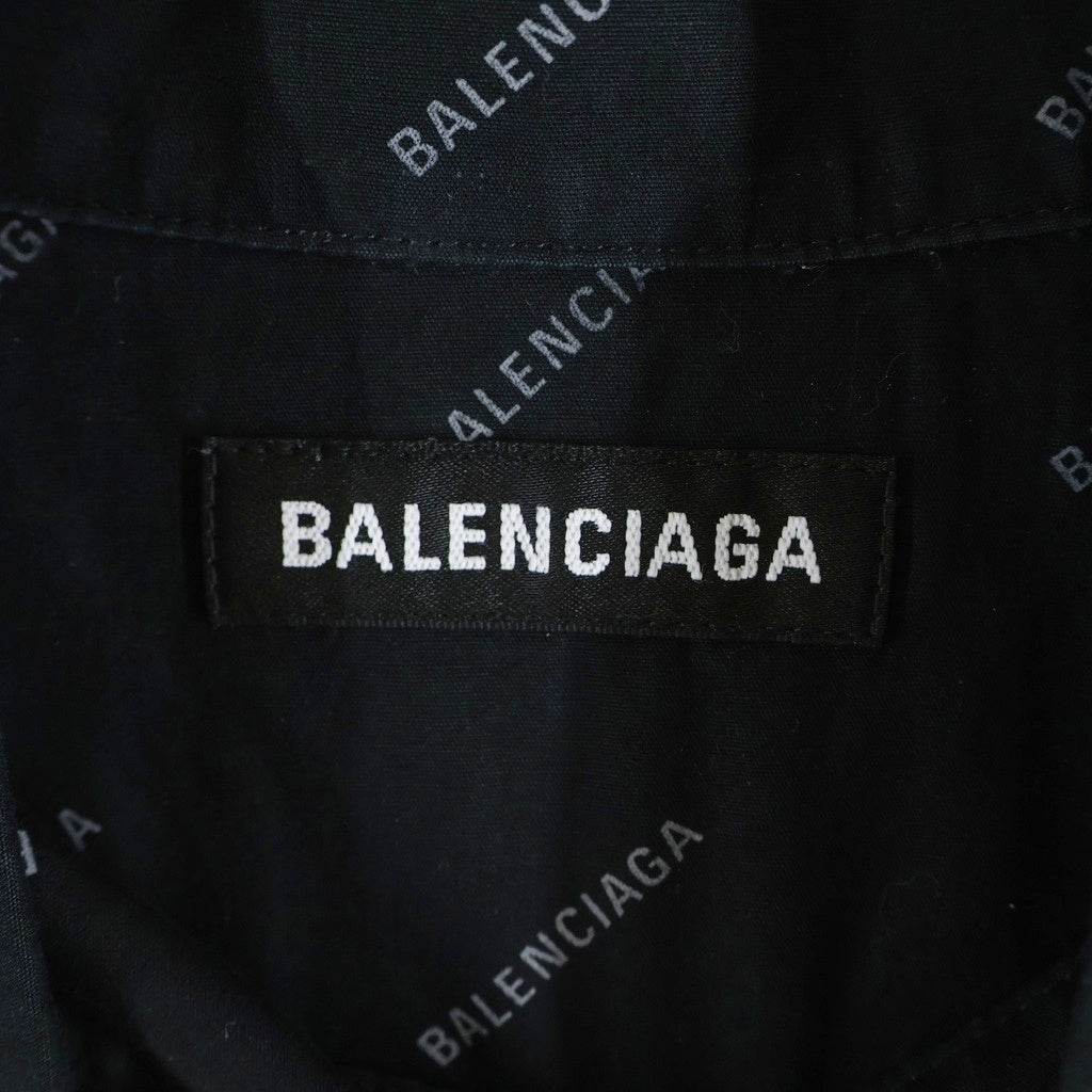 BALENCIAGA(バレンシアガ) 18SS ロゴ総柄 フロントポケット ボタンダウン コットン半袖シャツ ブラック 534332 TBL96