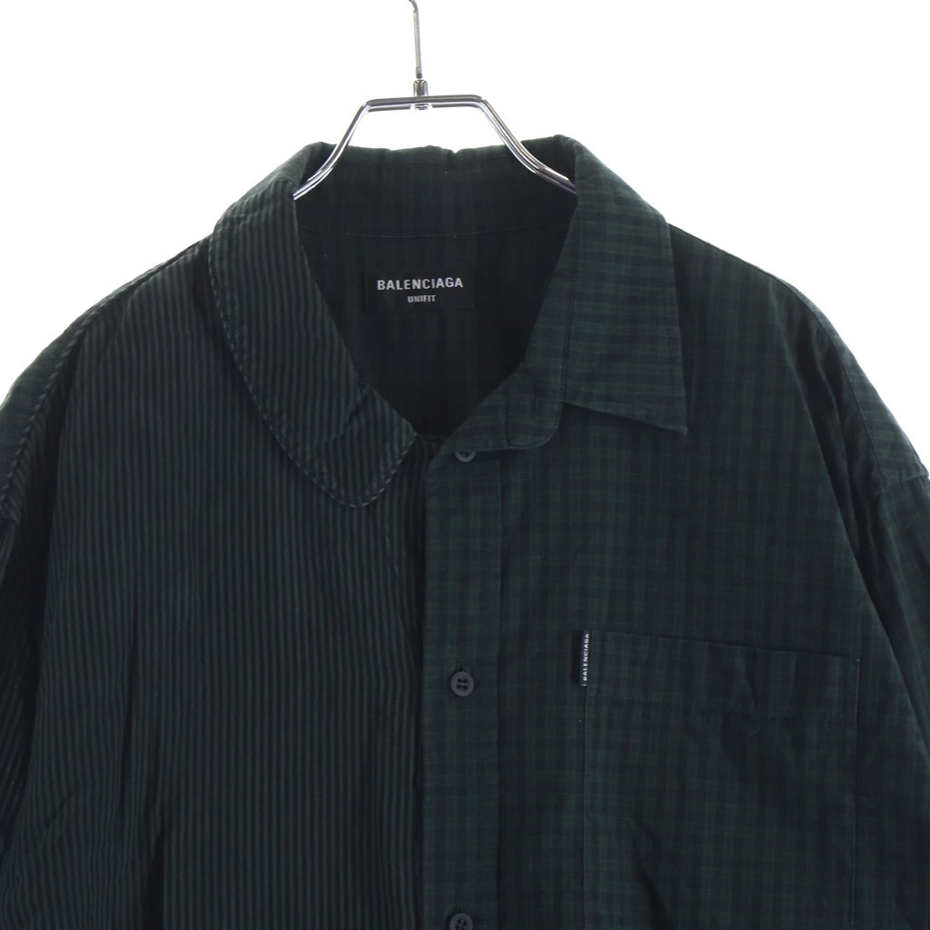 BALENCIAGA(バレンシアガ) 21SS 50/50 Pyjama Shirt アシンメトリー ドッキング チェック 長袖パジャマシャツ グリーン 658854 TKO07