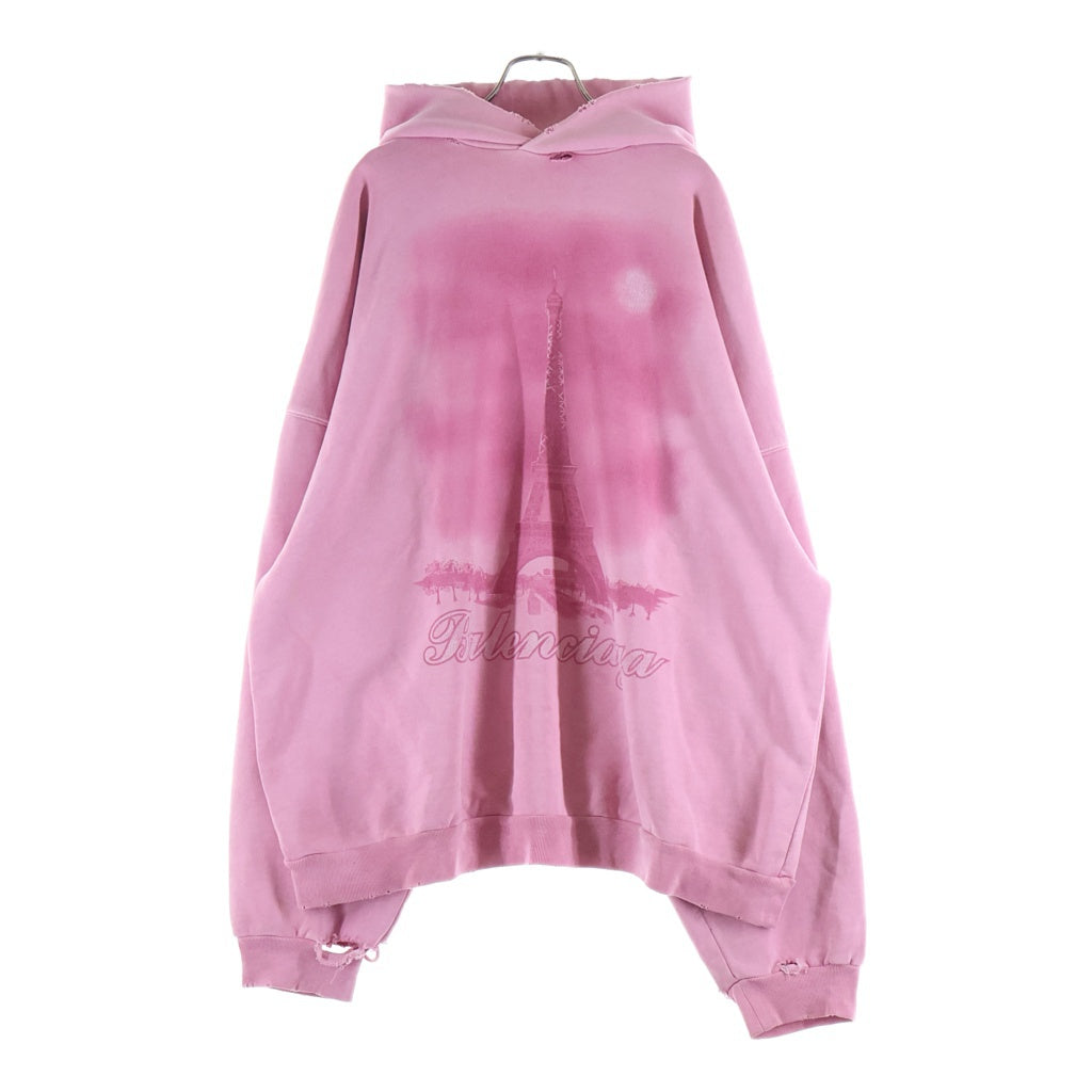 BALENCIAGA(バレンシアガ) 23AW PARIS MOON HOODIE パリスムーン フロントプリント ダメージ加工 スウェットプルオーバーパーカー フーディー ピンク 744462