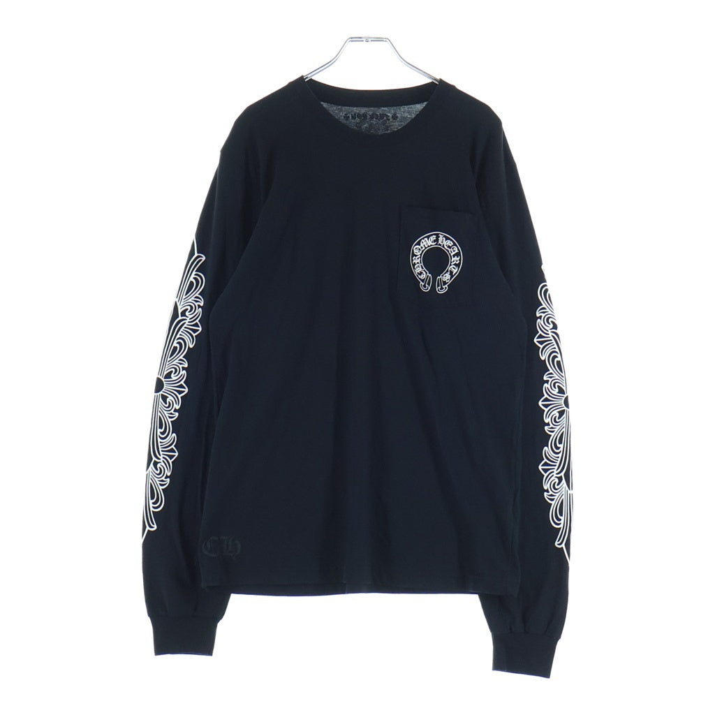 CHROME HEARTS(クロムハーツ) FLRL CRS HORSESHOE L/S TEE 袖フローラルクロス バックホースシュープリント コットン ロングスリーブカットソー 長袖Tシャツ ブラック