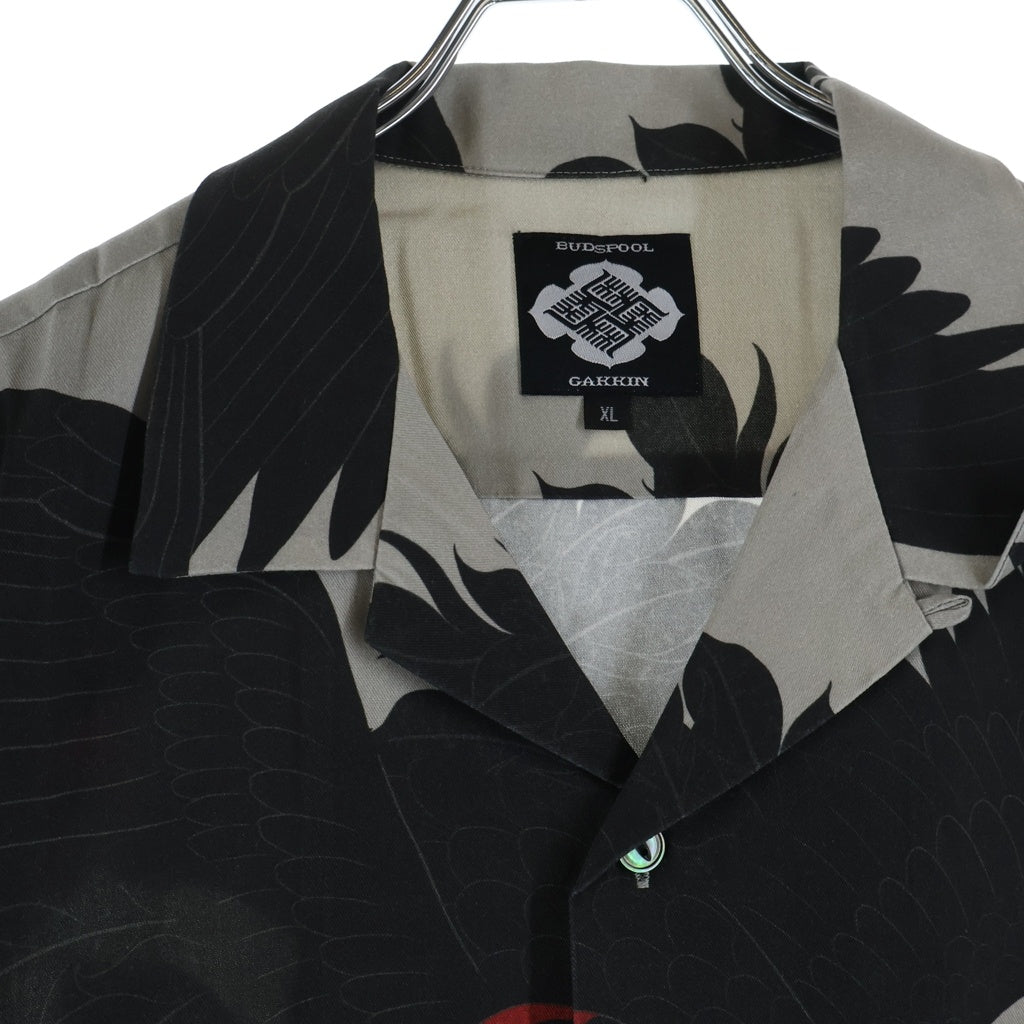 BUDSPOOL(バッズプール) ×GAKKIN 赤目鶴 L/S HAWAIIAN SHIRT ガッキン ロングスリーブハワイアンシャツ 長袖 ブラック/グレー