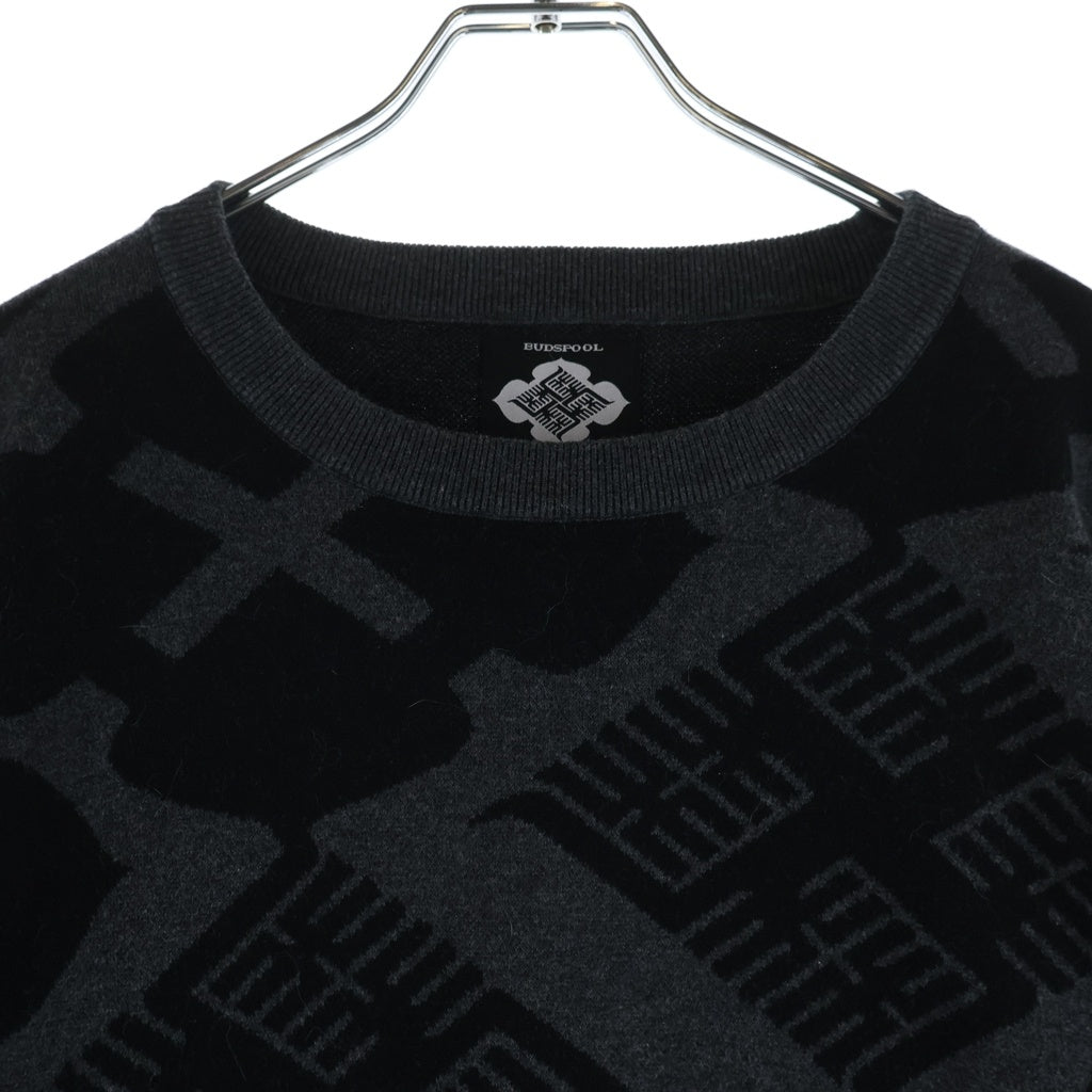 BUDSPOOL(バッズプール) ×GAKKIN 花罰家紋 COTTON KNIT JACQUARD SWEATER ガッキン コットン ジャガード クルーネックニットセーター ブラック/グレー