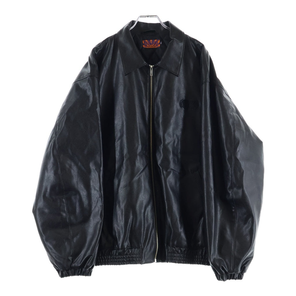 BUDSPOOL(バッズプール) FAUX LEATHER JACKET ロゴエンブロイダリー ジップアップ フェイクレザージャケット ブラック